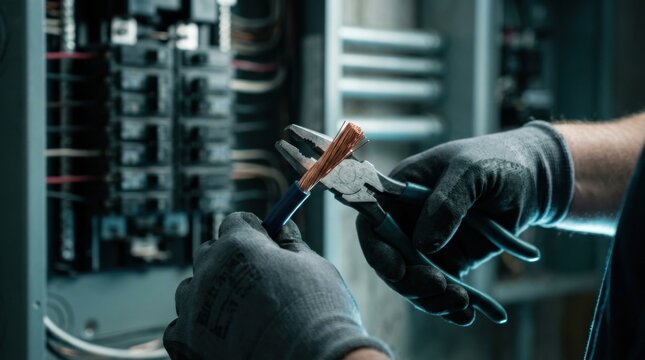 Electrician stripping insulated wire with pliers beside a circuit breaker panel and conduit, skilled trades and electrical installation work