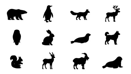 Fototapeta premium Black silhouettes of twelve animals in various poses against plain