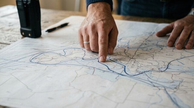 Logistics manager tracing a shipping route on a printed freight map with a walkie-talkie nearby, planning cross-border trucking and supply chain operations.