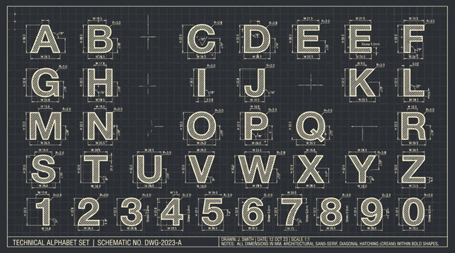 Full technical alphabet and number set on a dark grid background with architectural dimension lines and hatching, illustrating precise engineering drafts, provides industrial design data