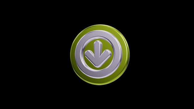Metallic silver down arrow button with glossy green circular frame