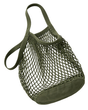 Green reusable string grocery bag isolated on transparent background