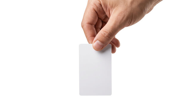 Blank white card mockup held by human hand, minimalist plastic identity card, vertical keycard for access control and branding