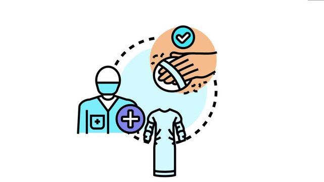 Medical professional wearing scrubs and mask with icons of hand washing and protective gown, representing healthcare, hygiene, and safety protocols for treating patients