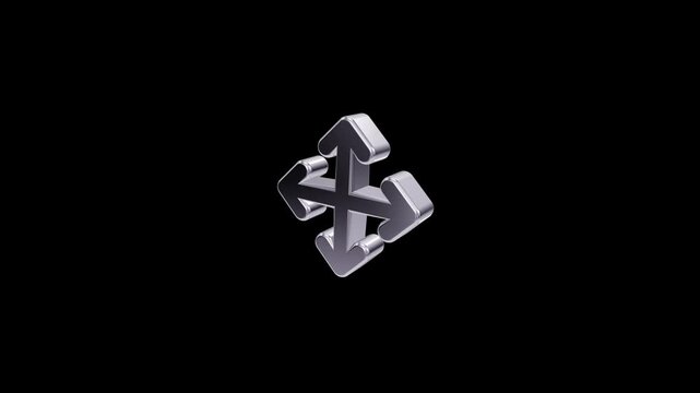 Glossy metallic four-way arrow symbol on black background