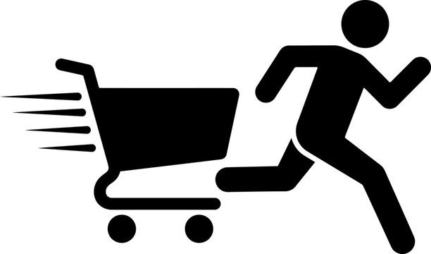 This image depicts a stick figure running alongside a shopping cart with speed lines symbolizing a quick or urgent shopping experience possibly