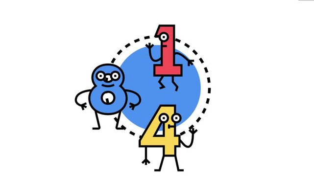 Numeric value markers showing cartoon numbers with arms and legs, highlighting important data points and mathematical concepts for various digital applications