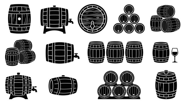 Collection of wooden barrel silhouette icons in various styles including stacked casks and barrels with taps, Represents wine storage solutions and illustrating traditional brewery equipment
