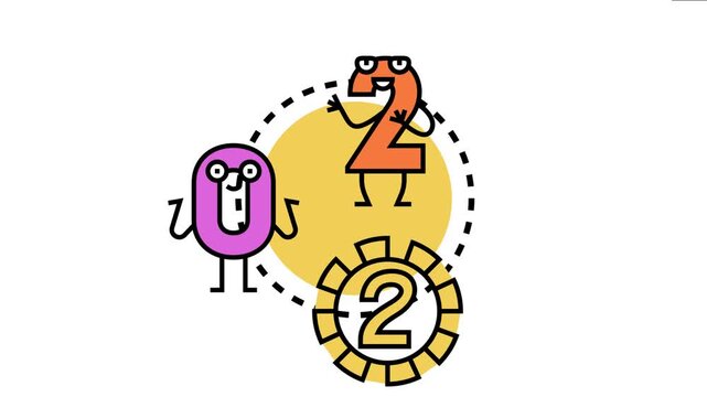 Numeric value marker concept with animated numbers zero and two representing data count, measurement, or calculation in a playful
