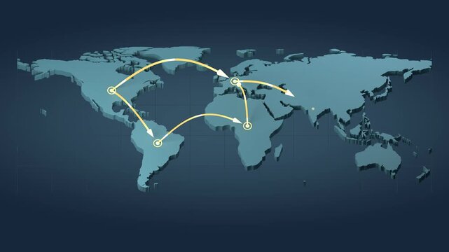 Global Money Flow on 3D World Map Cross Border Payment and Trade Route Arrows Seamless Loop 4K