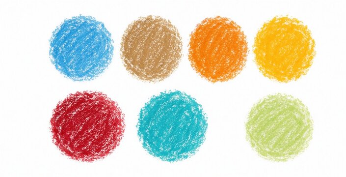 Colorful circles drawn with oil pastels on white paper. Set of seven multicolored round shapes including blue, brown, orange, yellow, red, teal, green. Abstract crayon texture background for design
