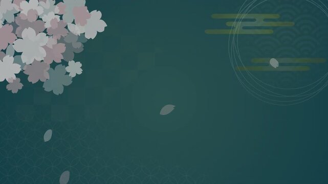 Seamless loop animation of swaying cherry blossoms and falling petals on a traditional Japanese patterned background.