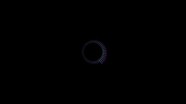 Futuristic radial audio waveform spectrum featuring 48 synchronized gradient bars arranged in a circular equalizer. Cyan to purple amplitude waves travel around the spectrum while the entire structure