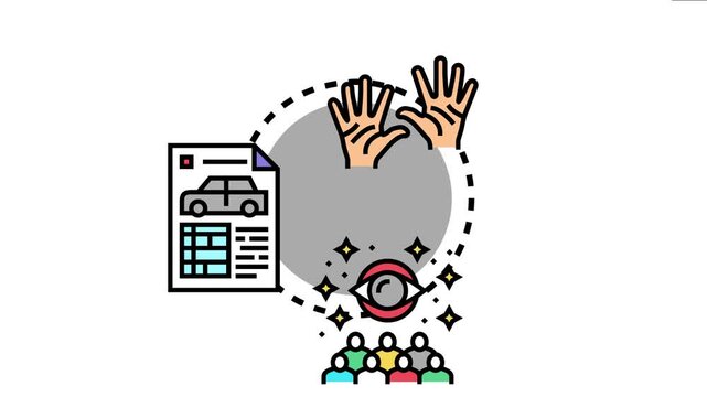 Hands multiple examples of a car document, linking to an observing eye and a group of people, conceptualizing data presentation, user experience, and public feedback