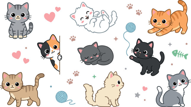 Cute Kawaii Kitten Characters Mega Pack Set with Playful Cats Sleeping Posing and Playing Ball Vector Design