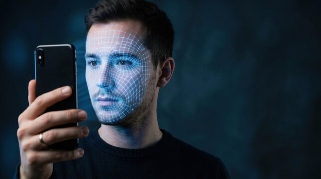 Man with digital face recognition mesh scanning his face while holding smartphone on dark blue background. Biometric identification and facial scan technology. Identity theft and hacking