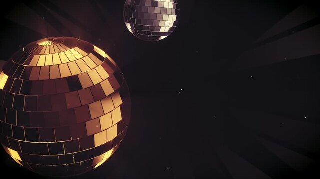 Golden mirror disco ball rotating in dark nightclub interior space with bright light reflections motion video