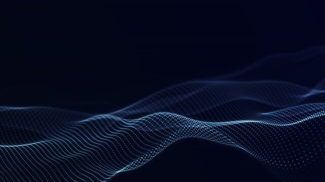 Blue particle waves form a layered digital mesh on a dark navy background, with generous copy space above for technology presentations and titles. Loop.