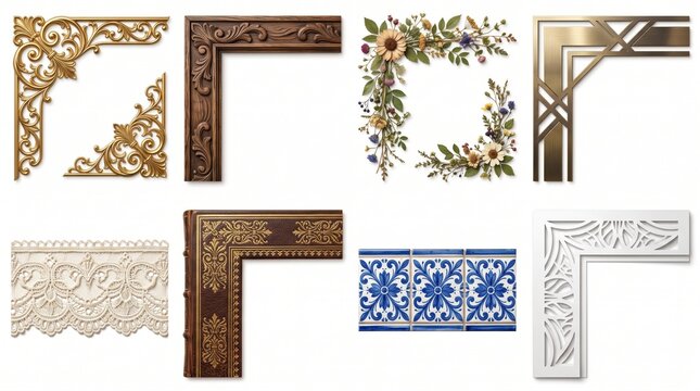 Decorative vintage corners and border elements featuring gold floral wood and lace.