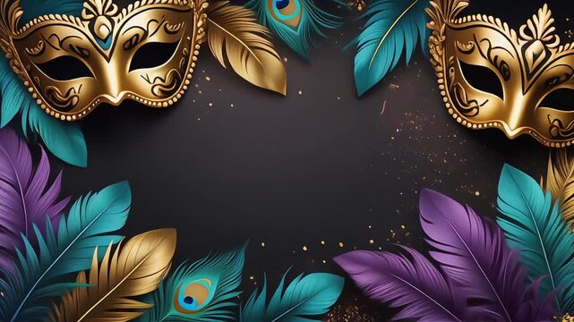 Carnival masks decorated with glowing gold ornaments and colorful feathers arranged nicely around a dark background motion clip
