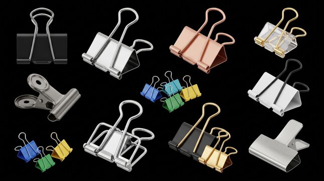 Diverse metal binder clips collection featuring multiple sizes colors and finishes.