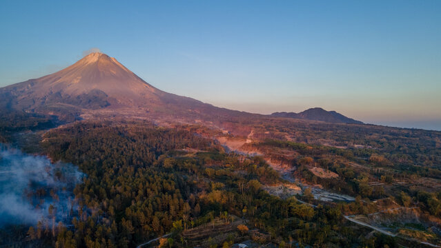 Aerial View of a Wildfire Burning on the Southwest Slope of Mount Merapi During the Afternoon in Jurangjero, Magelang, Indonesia. 