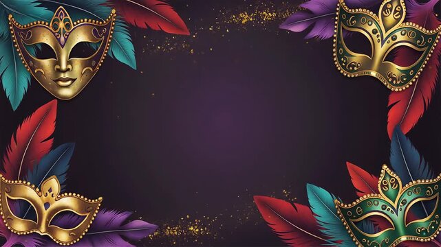 Carnival masks with colorful feathers and golden confetti floating on dark purple background vector motion footage clip