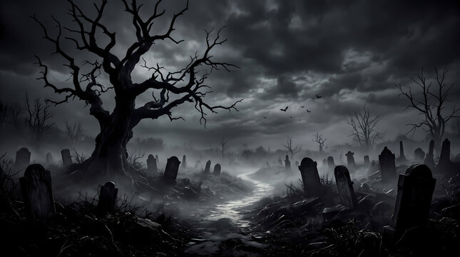 Eerie Foggy Cemetery Scene with Gnarled Dead Tree Under a Dramatic Dark Stormy Night Sky for Halloween Atmosphere