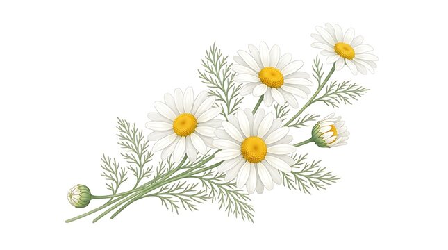 Beautiful white daisies with yellow centers on green stems illustration