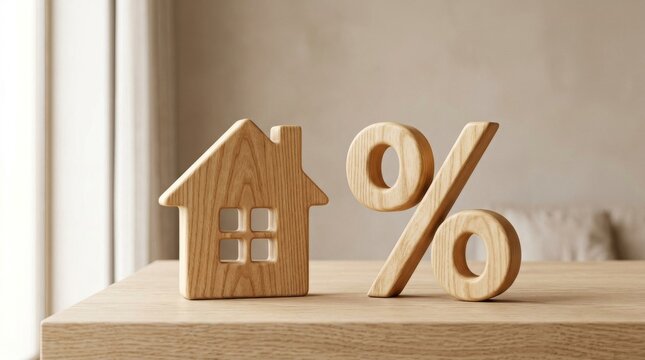Wooden house model and percentage sign standing on a tabletop representing property finance and loan rates