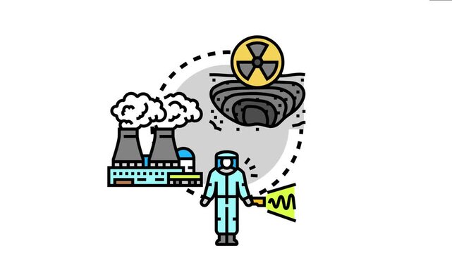 Scientist in a protective suit investigating a nuclear power plant and a radioactive waste site, symbolizing research and safety protocols for energy production