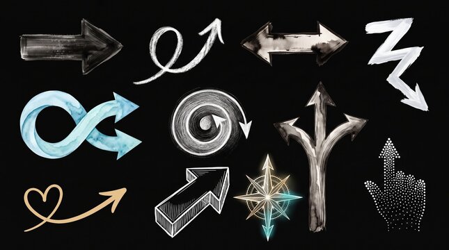 Set of artistic hand drawn arrow icons for modern digital and graphic design work.