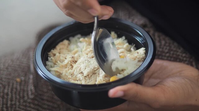 Person holds bowl of rice and shredded chicken then stirs with spoon.
