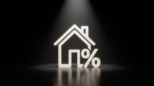 Glowing white house icon with percentage sign under dramatic spotlight
