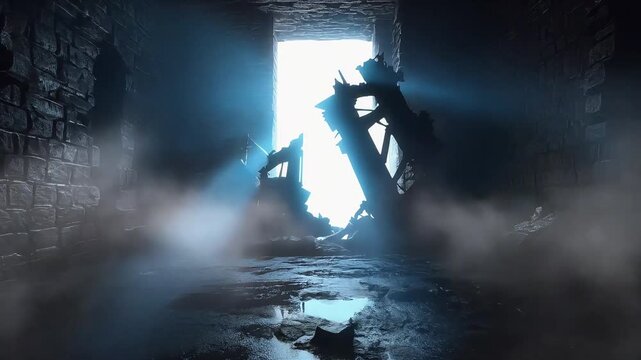 Dark ruined medieval castle interior with mysterious glowing light piercing through thick atmospheric fog motion video footage