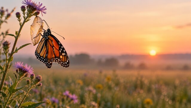 Monarch Butterfly Emerging From Chrysalis on Purple Wildflowers at Golden Sunset