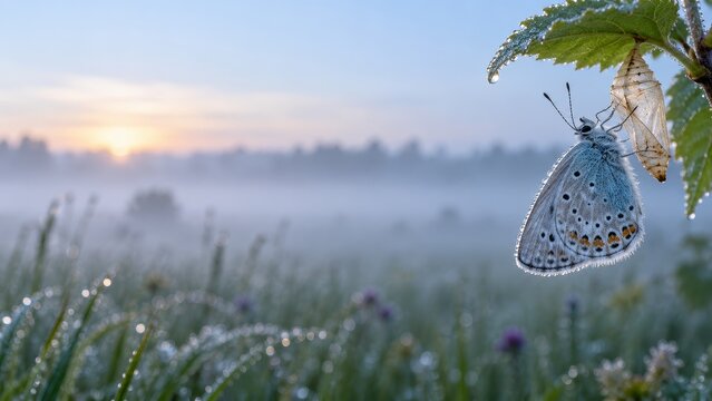 Blue Butterfly Emerging Beside Chrysalis Over Misty Wildflower Meadow at Sunrise