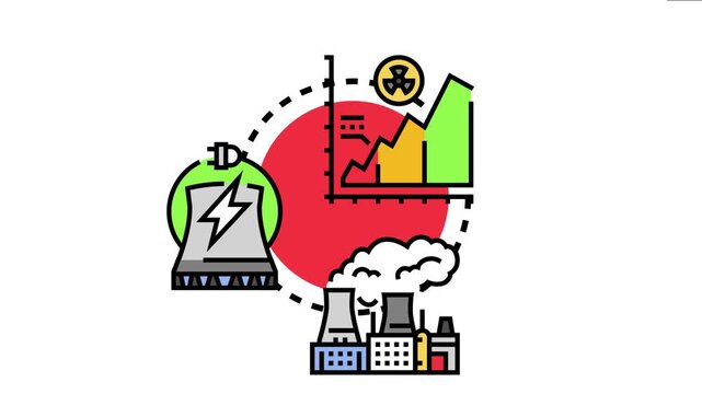 Nuclear physics concepts clean power, scientific research, and energy industry development with graphical data, a cooling tower, and industrial facilities