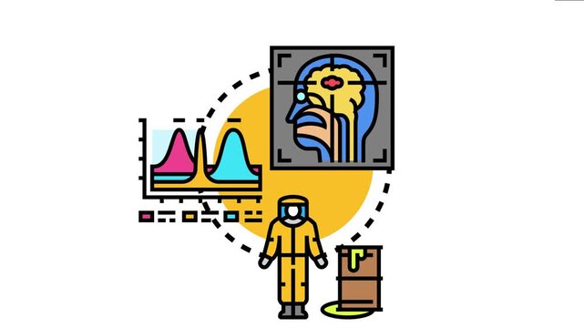 Nuclear medicine tracer concept including a diagnostic scan of a human head, analyzing medical data graphs, and a scientist in a radiation suit handling hazardous materials
