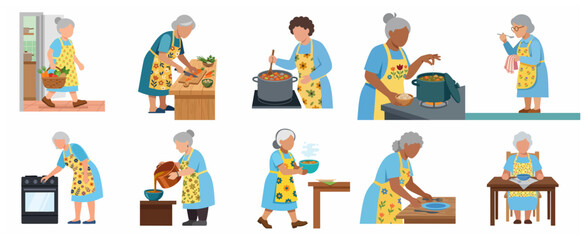 Fototapeta premium Elderly Woman Cooking and Preparing Healthy Meals Illustration Set, Grandmother Character Kitchen Activities Vector