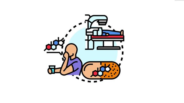 Nuclear medicine isotope treatment process involves a patient undergoing medical scanning, considering pharmaceutical therapy with targeted molecules, and taking oral medication
