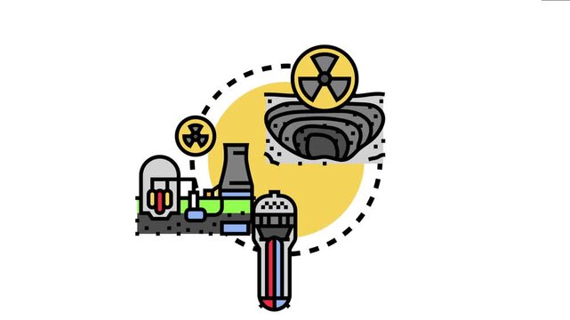 Nuclear energy production process involving uranium mining, power station generation, and a reactor with radiation symbols emphasizing sustainable electricity