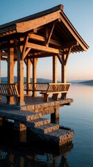 Fototapeta premium Wooden pavilion stands on stone pier over calm lake at sunset. Open structure with timber beams offers peaceful retreat by water. Beautiful landscape view with mountains in distance. Serene