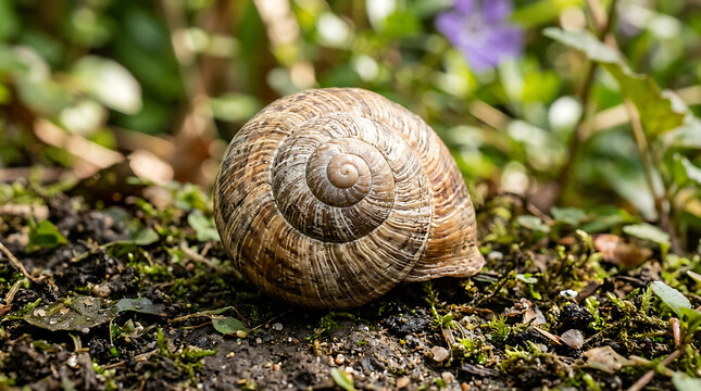 Close-up of a weathered snail shell showcasing its intricate spiral texture on damp, verdant ground