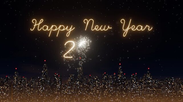 A 3D render of glowing golden Happy New Year 2027 text shining in the night sky above a blurred city skyline, with twinkling stars and bokeh lights