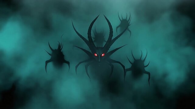 Terrifying horned dark creature with glowing red eyes surrounded by menacing shadowy monsters in eerie blue mist video footage
