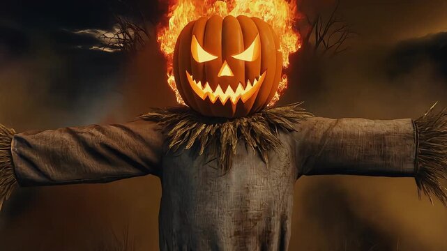 Spooky flaming pumpkin scarecrow standing in a dark mystical cornfield during a terrifying Halloween night video background