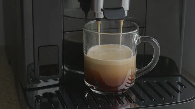 Freshly brewed hot coffee filling glass mug in coffee maker