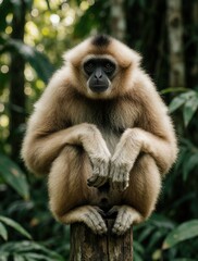 Fototapeta premium Sad Lar Gibbon sits on wooden post in green jungle. Lonely primate with black face, light brown fur looks at camera with unhappy expression. Endangered monkey stays alone in tropical forest, feeling