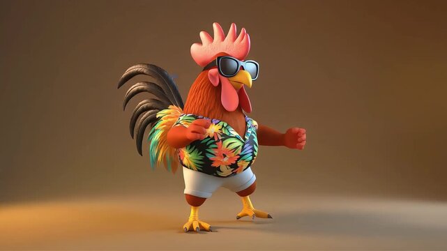 Funny cartoon rooster wearing sunglasses and tropical aloha shirt dancing happily in digital animation loop footage